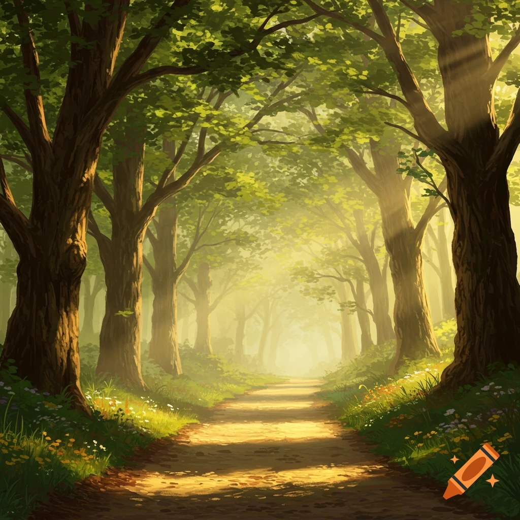 A sun-dappled path winding through a vibrant green forest, depicted in a painterly style.