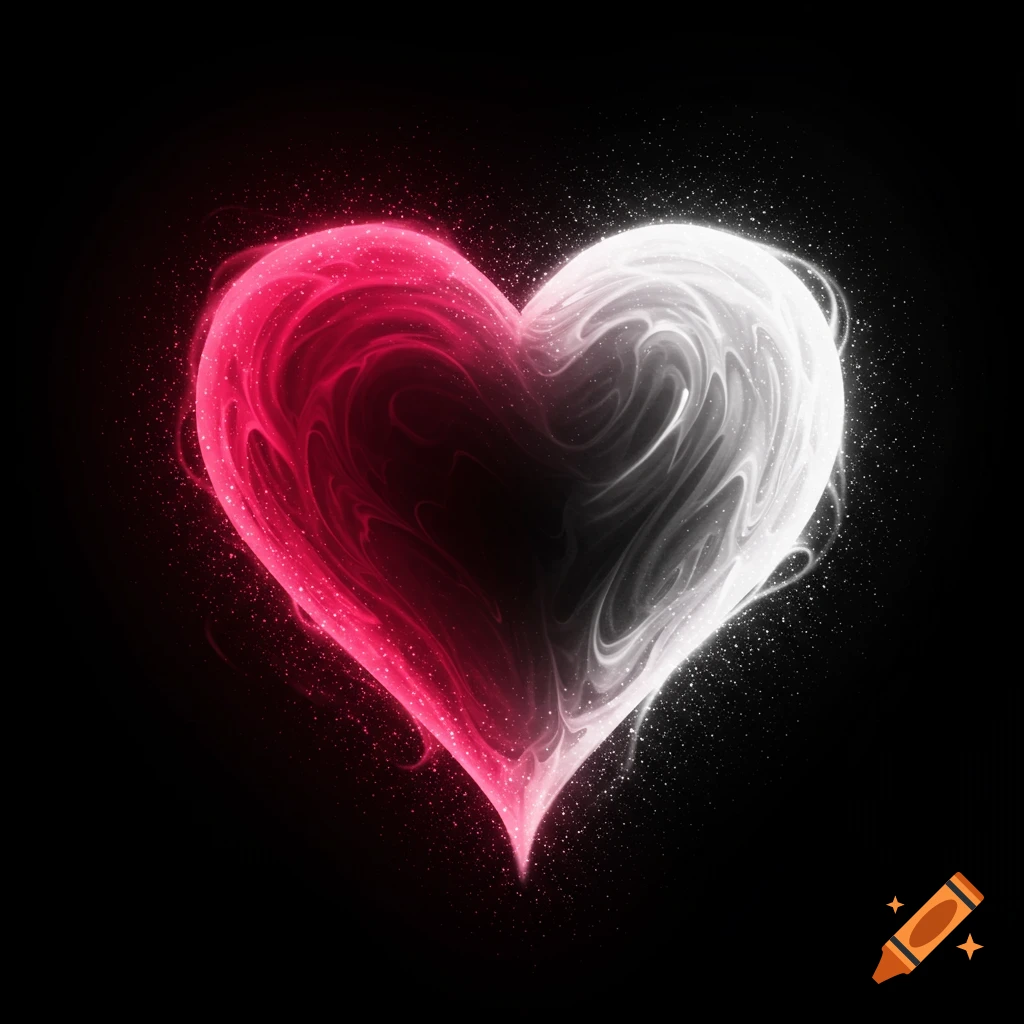A glowing heart, half pink-red and half white, blending together on a black background with sparkling particles.