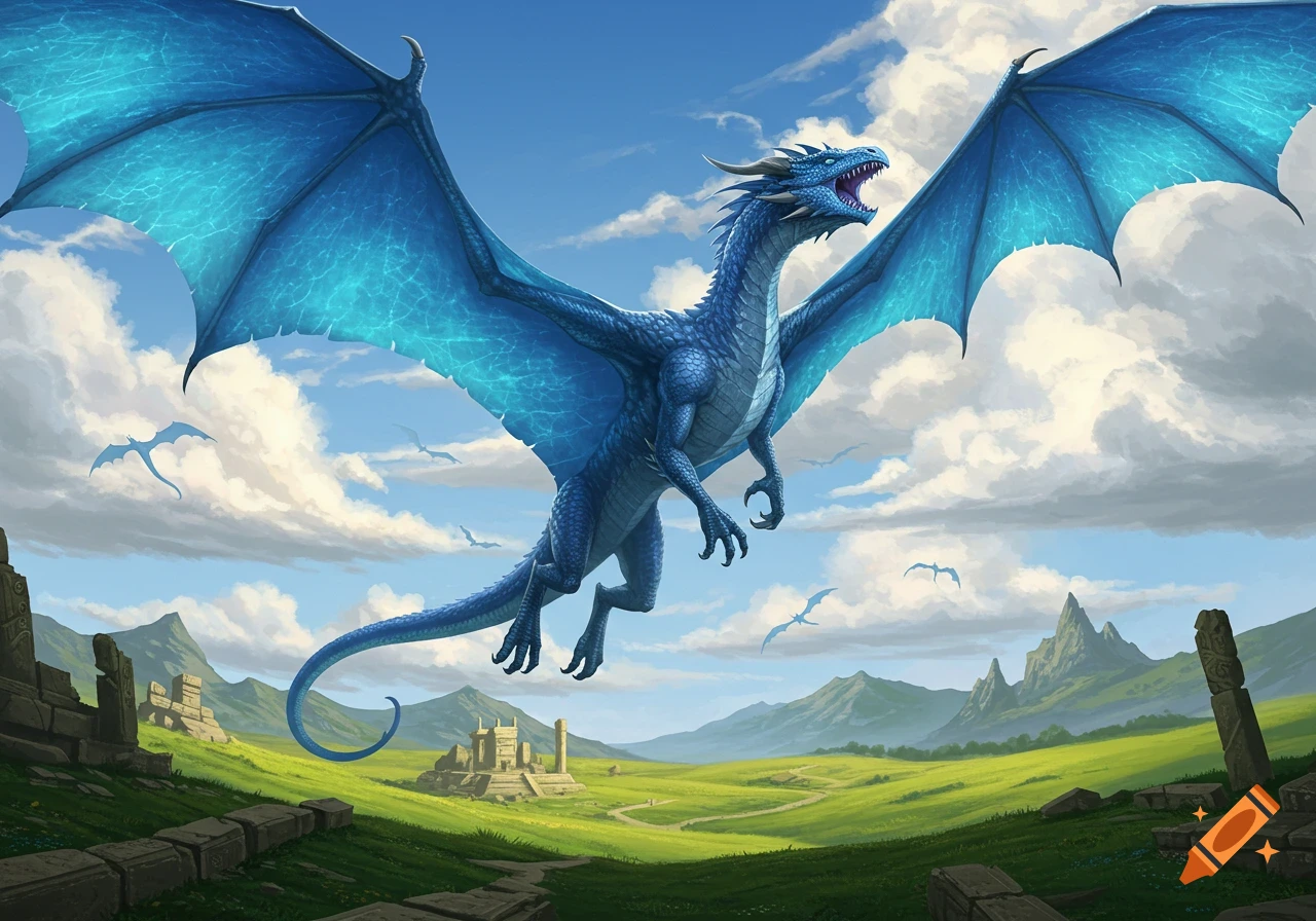 A large blue dragon with luminous wings flies over a vibrant green valley featuring ancient stone ruins and mountains under a blue, cloudy sky.
