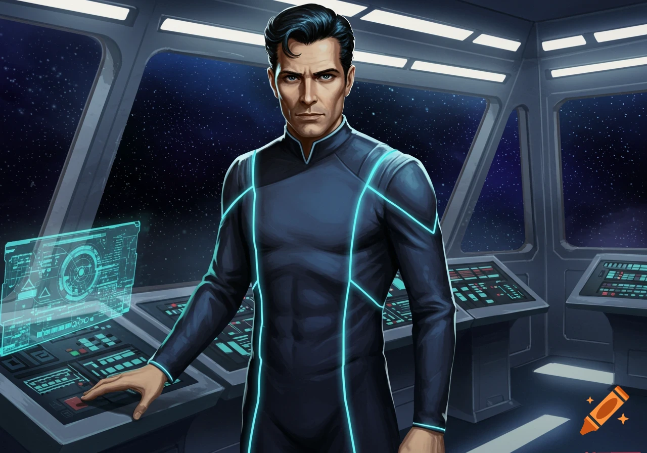 A man in a dark blue sci-fi uniform with glowing blue lines stands on a spaceship bridge, hand on a console, looking forward. Stars fill the windows.