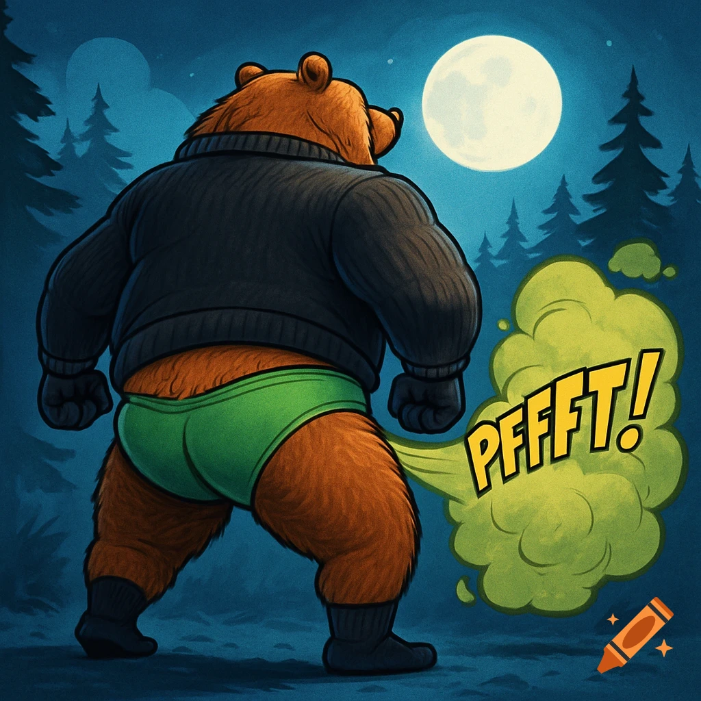 Cartoon grizzly bear in a black sweater and green briefs, seen from behind, farting with "PFFFFT!" text, under a full moon in a night forest.
