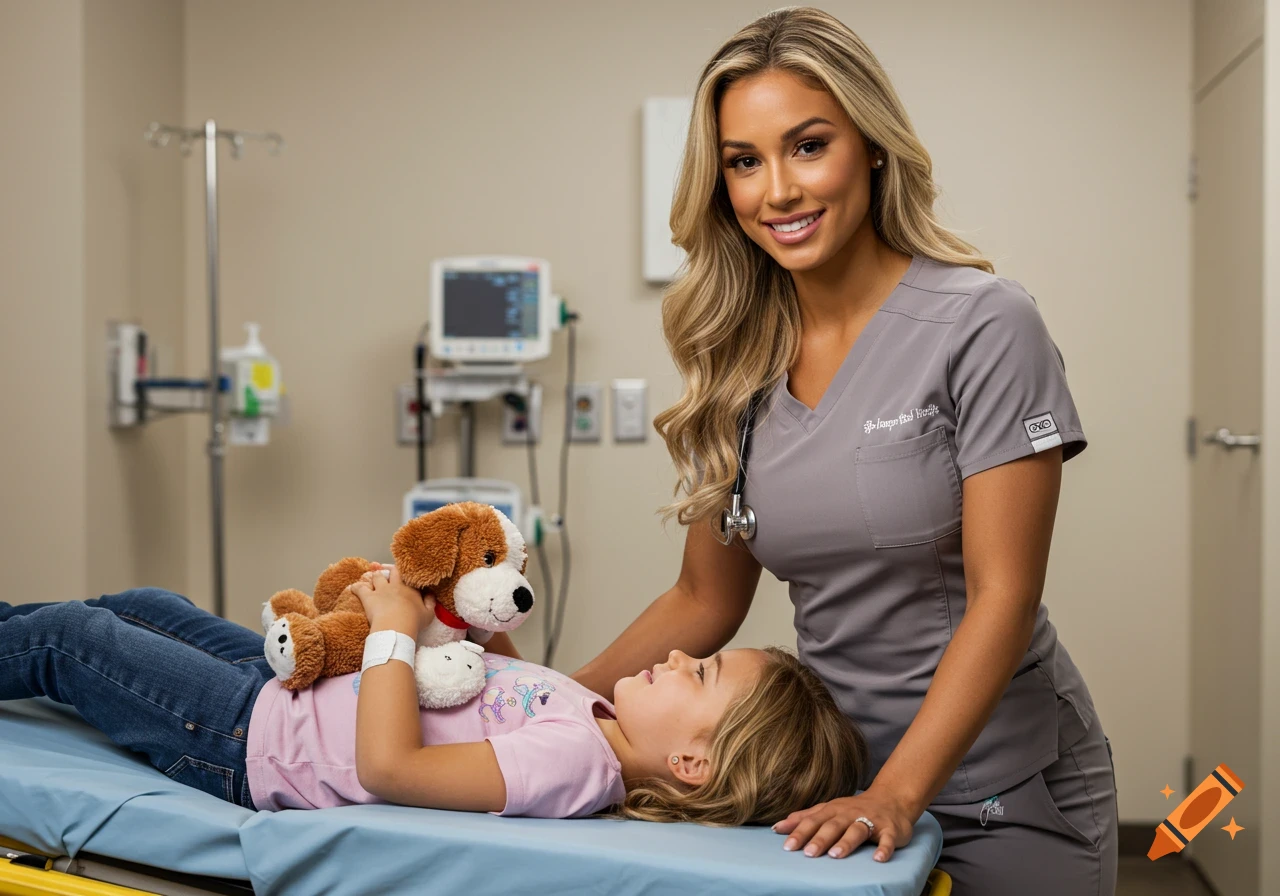 A smiling blonde pediatric nurse in scrubs stands by a child patient holding a toy dog on a hospital stretcher.