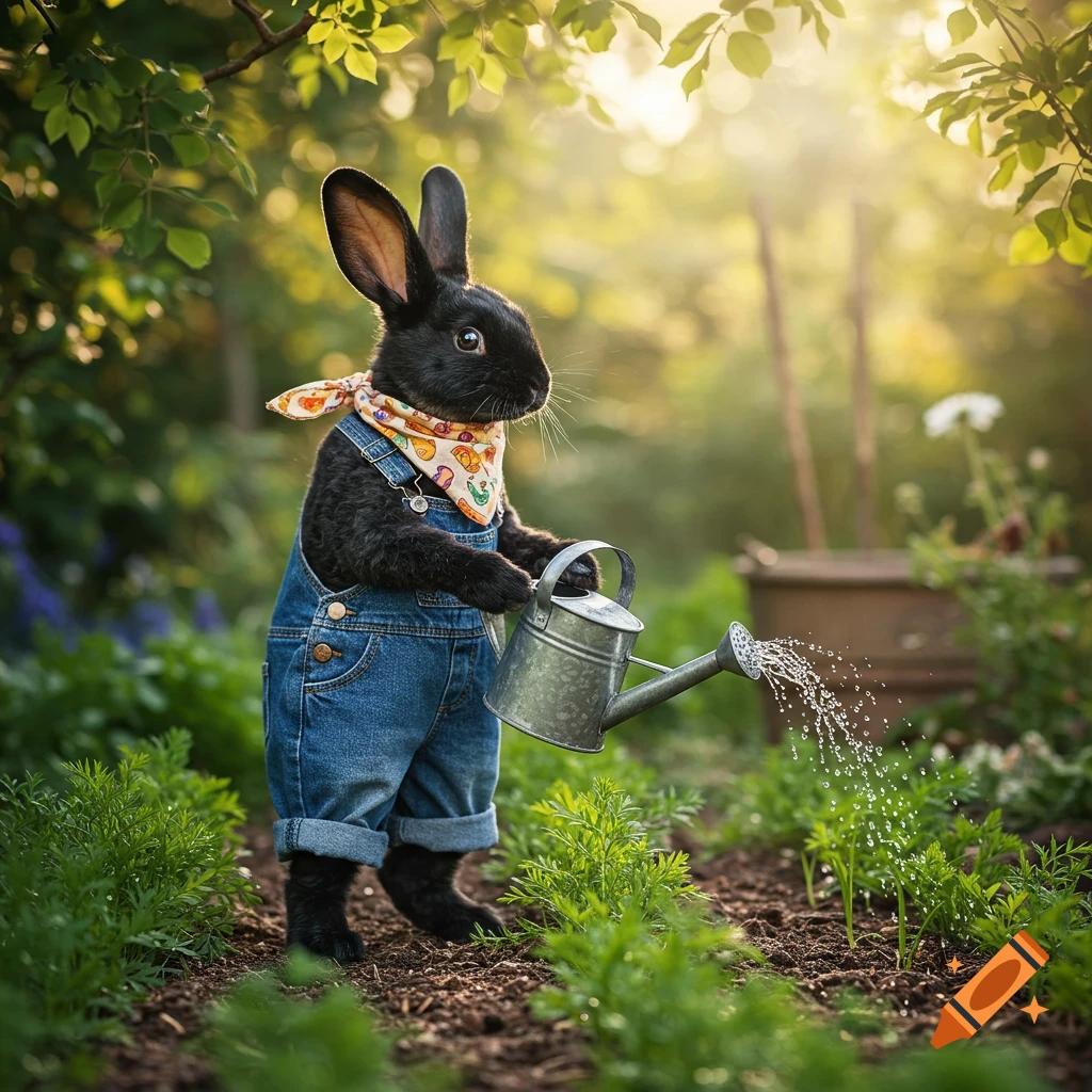 A photorealistic black rabbit in denim overalls and a bandana waters plants with a watering can in a sunny garden.