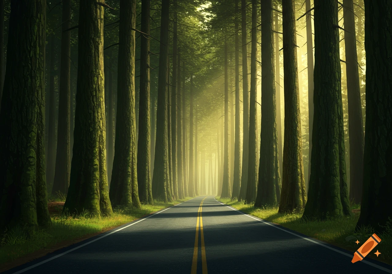 A straight road with double yellow lines cutting through a dense, sun-drenched forest with tall, manicured trees lining both sides.