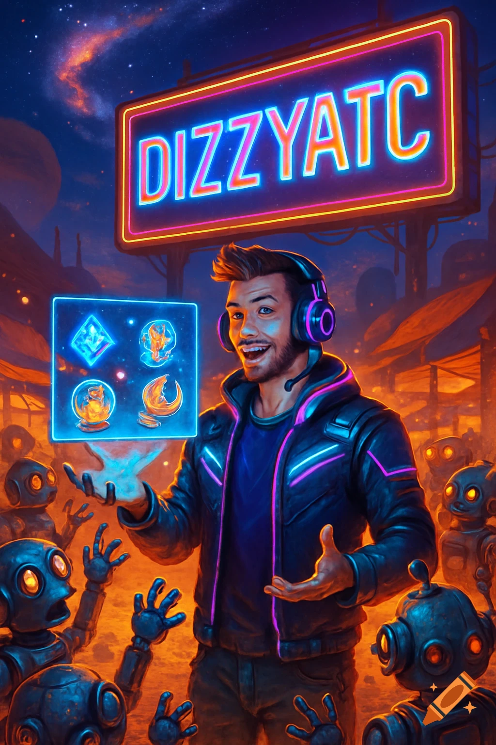 Male streamer with headphones offers glowing collectibles to small, greedy robots under a neon 'DIZZYATC' sign in a vibrant, futuristic space setting.