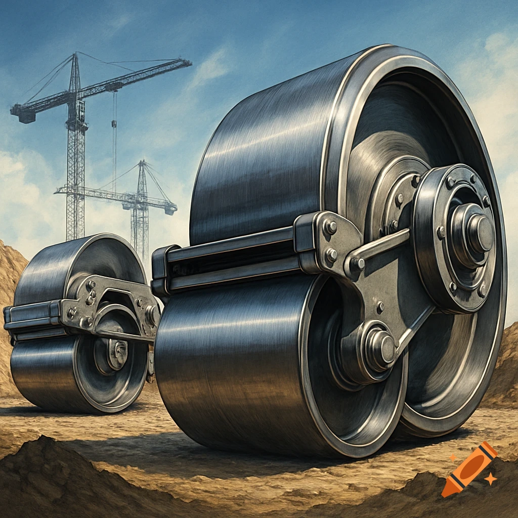 Two metallic road rollers on a dirt ground with cranes in the background at a construction site under a blue sky.