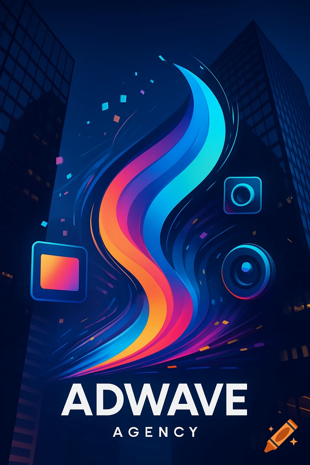 Digital art of a vibrant abstract wave design between city buildings, with icons and 'ADWAVE AGENCY' text.