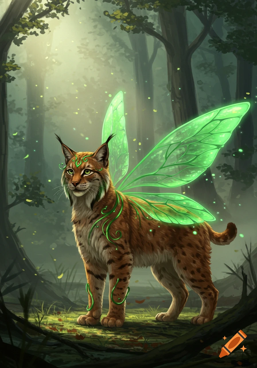 A majestic fantasy lynx with green markings and translucent green wings stands in a magical forest.