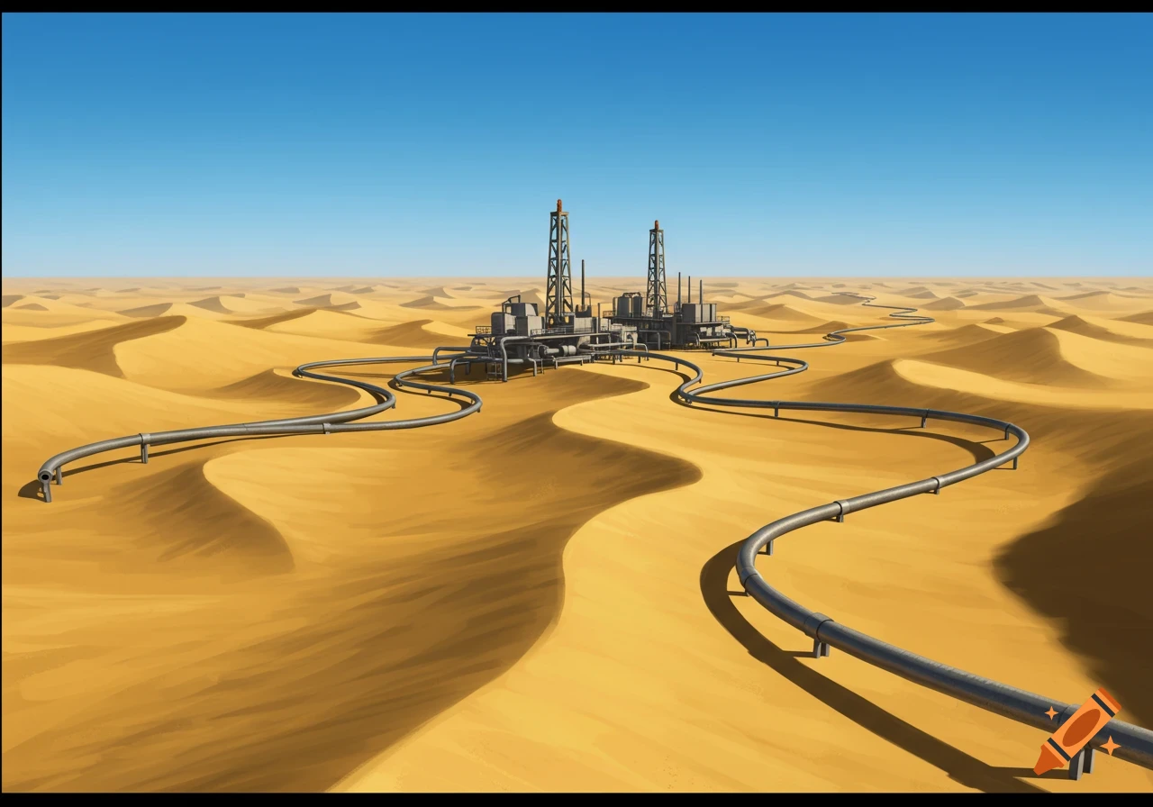Oil and gas wellpad with winding pipelines across a vast sand desert under a clear blue sky.
