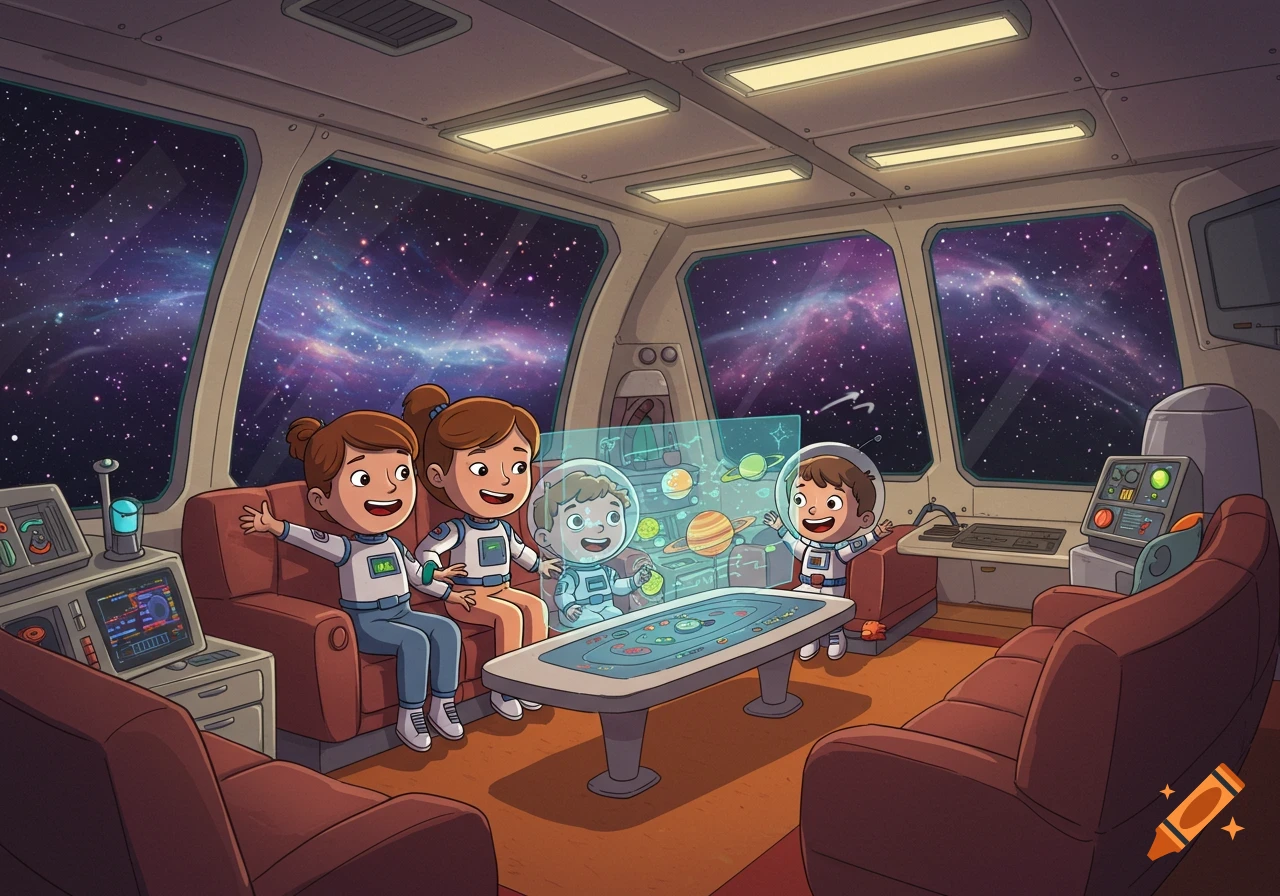A cartoon family, two adults and two children in astronaut suits, in a spaceship looking at a holographic solar system display. Stars fill the windows.