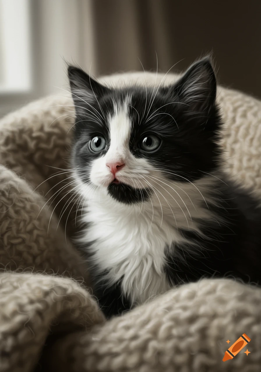 A fluffy, photorealistic black and white kitten with bright blue eyes sits nestled in a soft, beige knitted blanket.