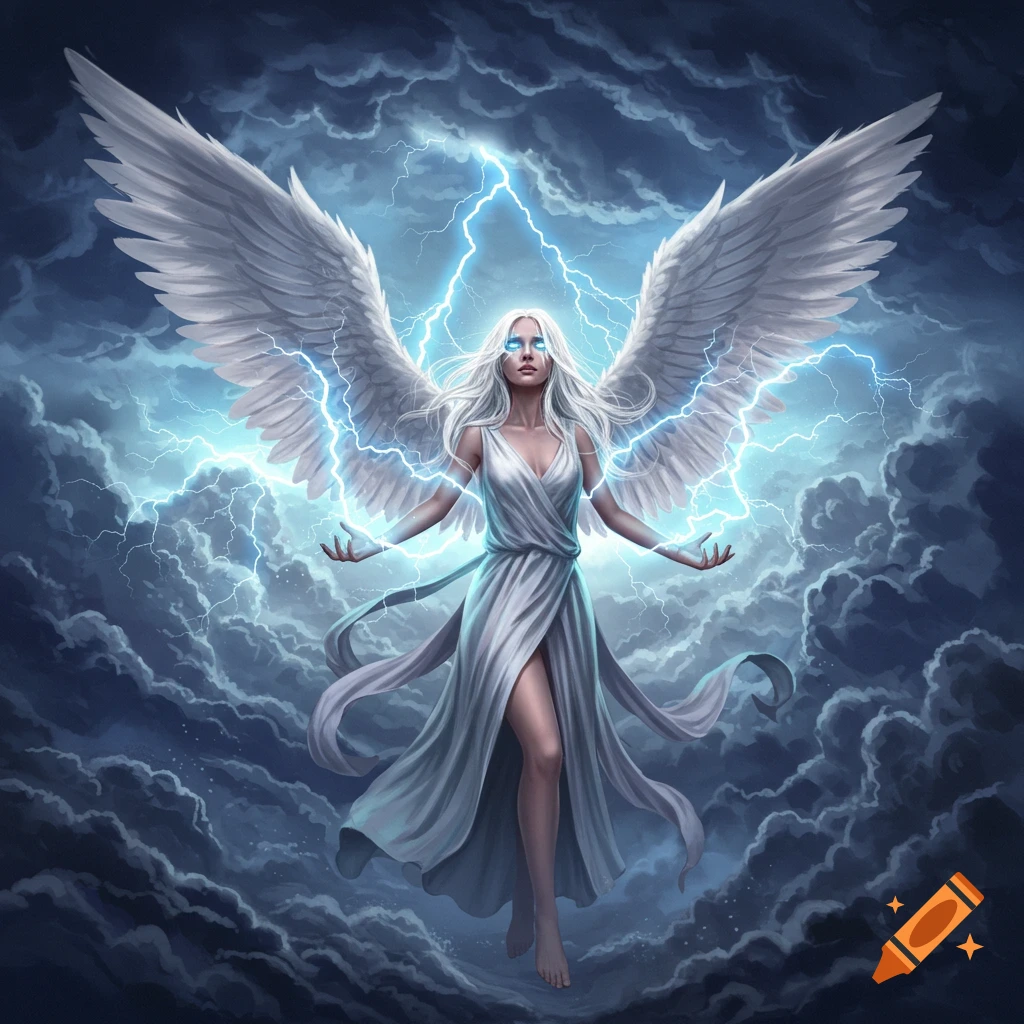 A white-haired angel with glowing eyes and large white wings, in a white dress, conjures lightning in a stormy sky.