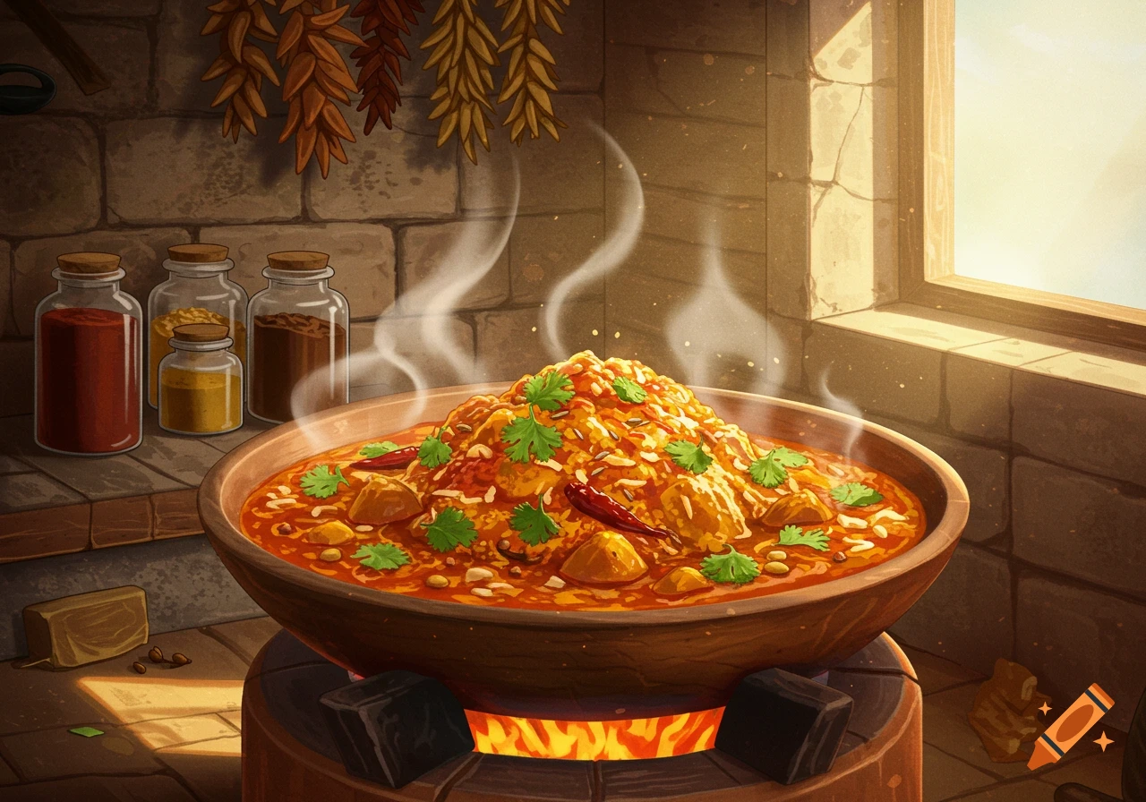 Illustrative scene of a steaming bowl of curry with cilantro and chilies, cooking over an open fire in a rustic kitchen.