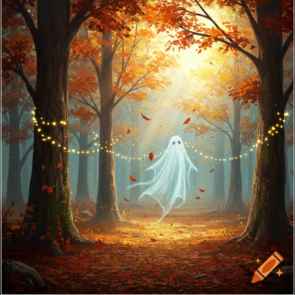 A whimsical ghost floats through a sunlit autumn forest path adorned with string lights and fallen orange leaves.