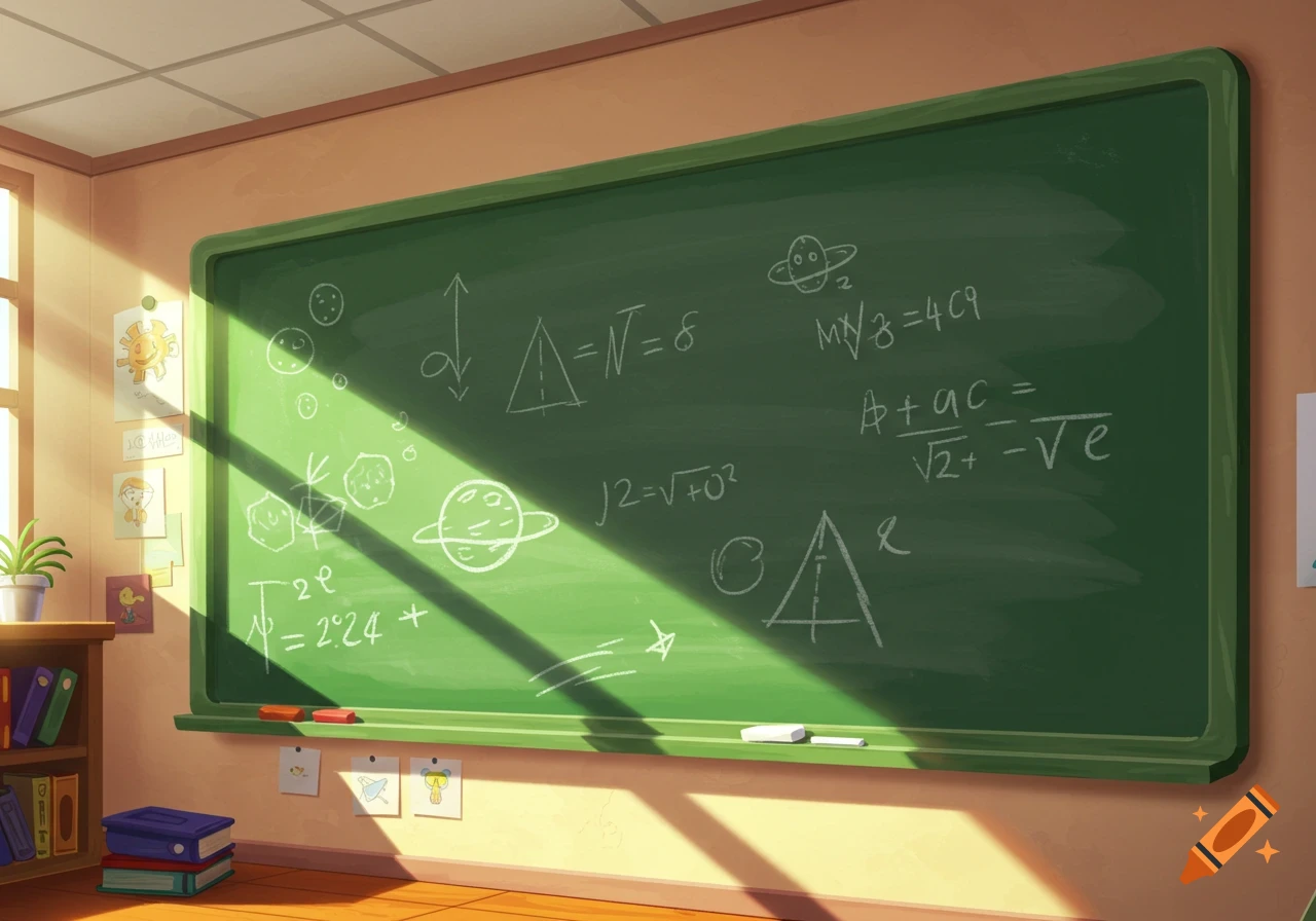 Cartoon green blackboard in a sunlit classroom, covered with math equations and science drawings.