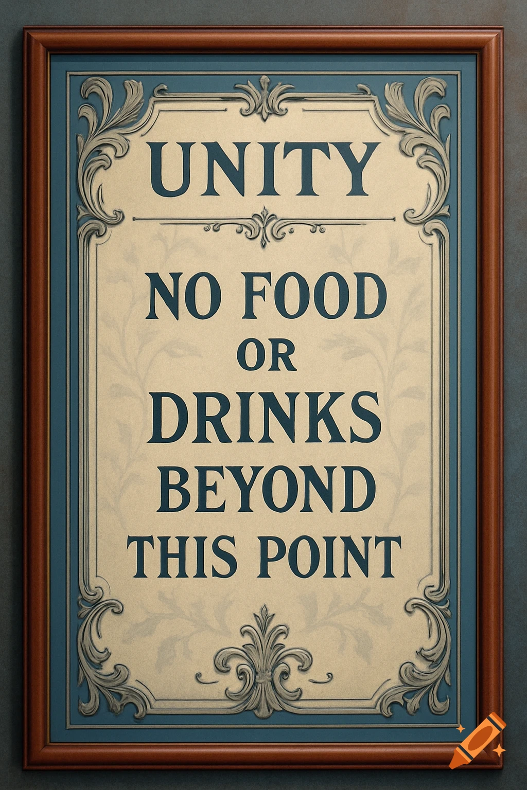 A framed vintage-style sign with ornate blue and gray borders, displaying the text 'UNITY NO FOOD OR DRINKS BEYOND THIS POINT' in dark blue on a beige background with a subtle pattern.