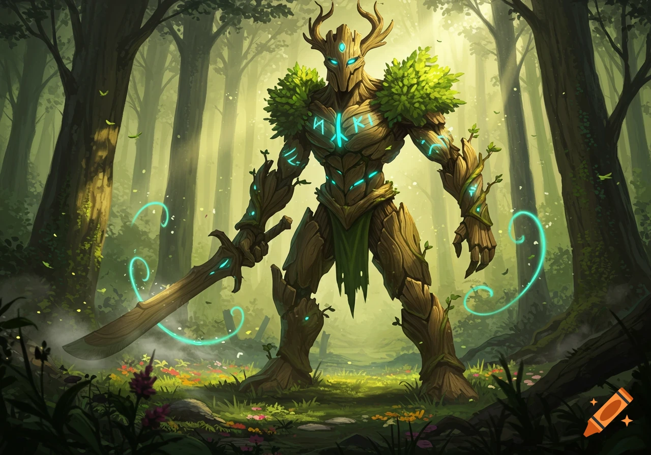 A fantasy warrior made of wood, leaves, and glowing runes stands in a sunlit forest, holding a wooden sword.