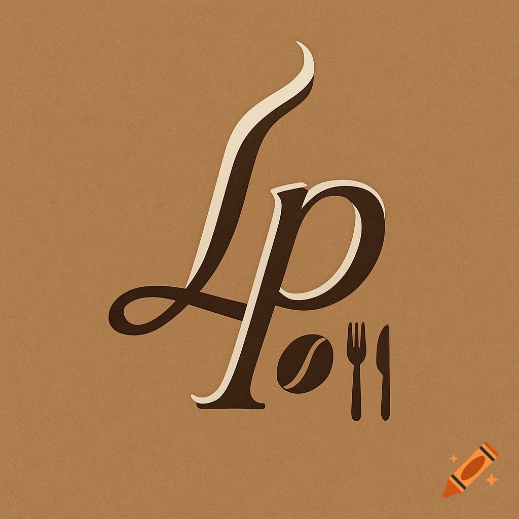 Calligraphic 'Lp' logo in brown and cream, with a coffee bean, fork, and knife icons on a textured brown background.
