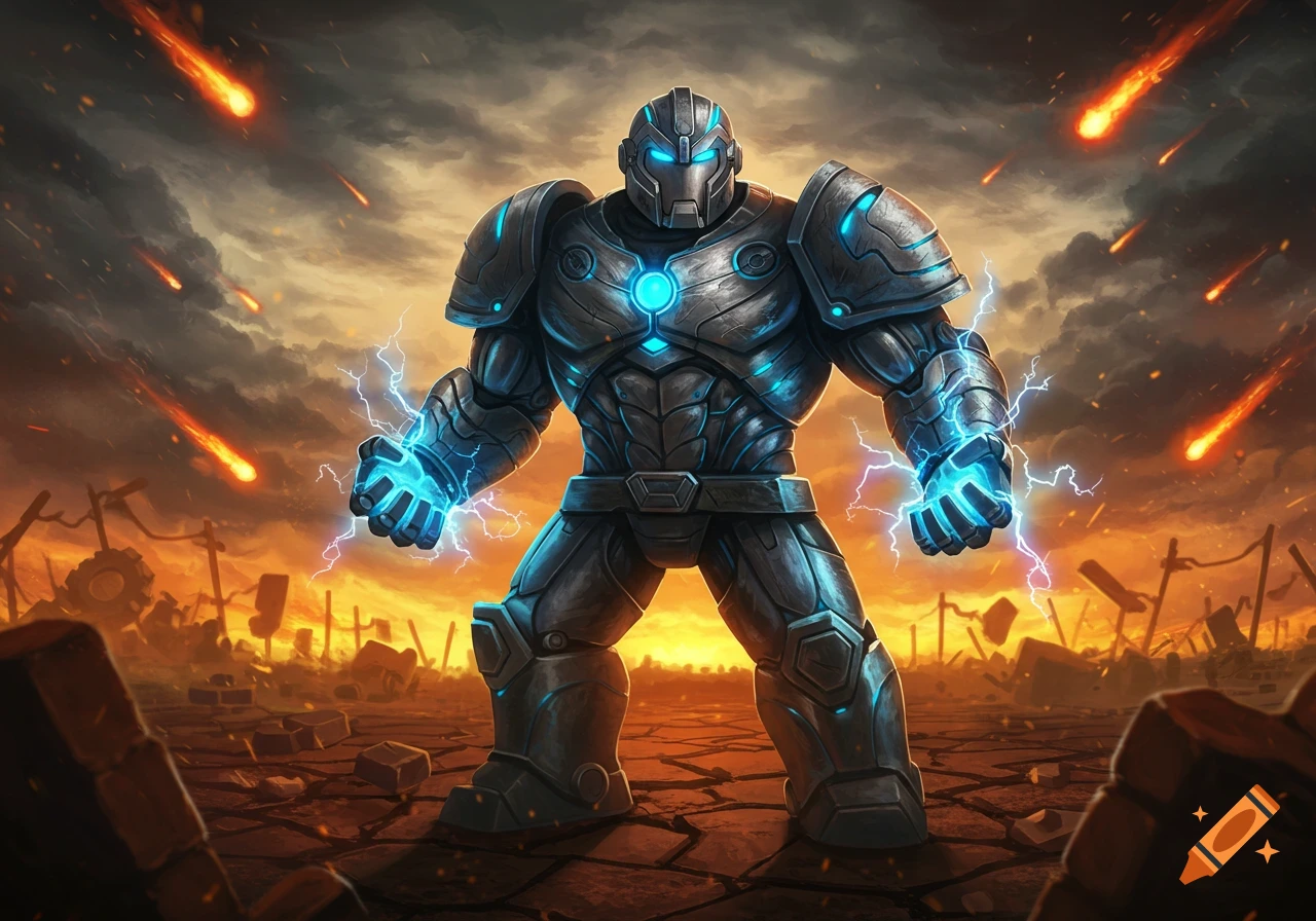 A metallic armored robot with glowing blue eyes and fists stands powerfully in a fiery, apocalyptic landscape with meteors falling.