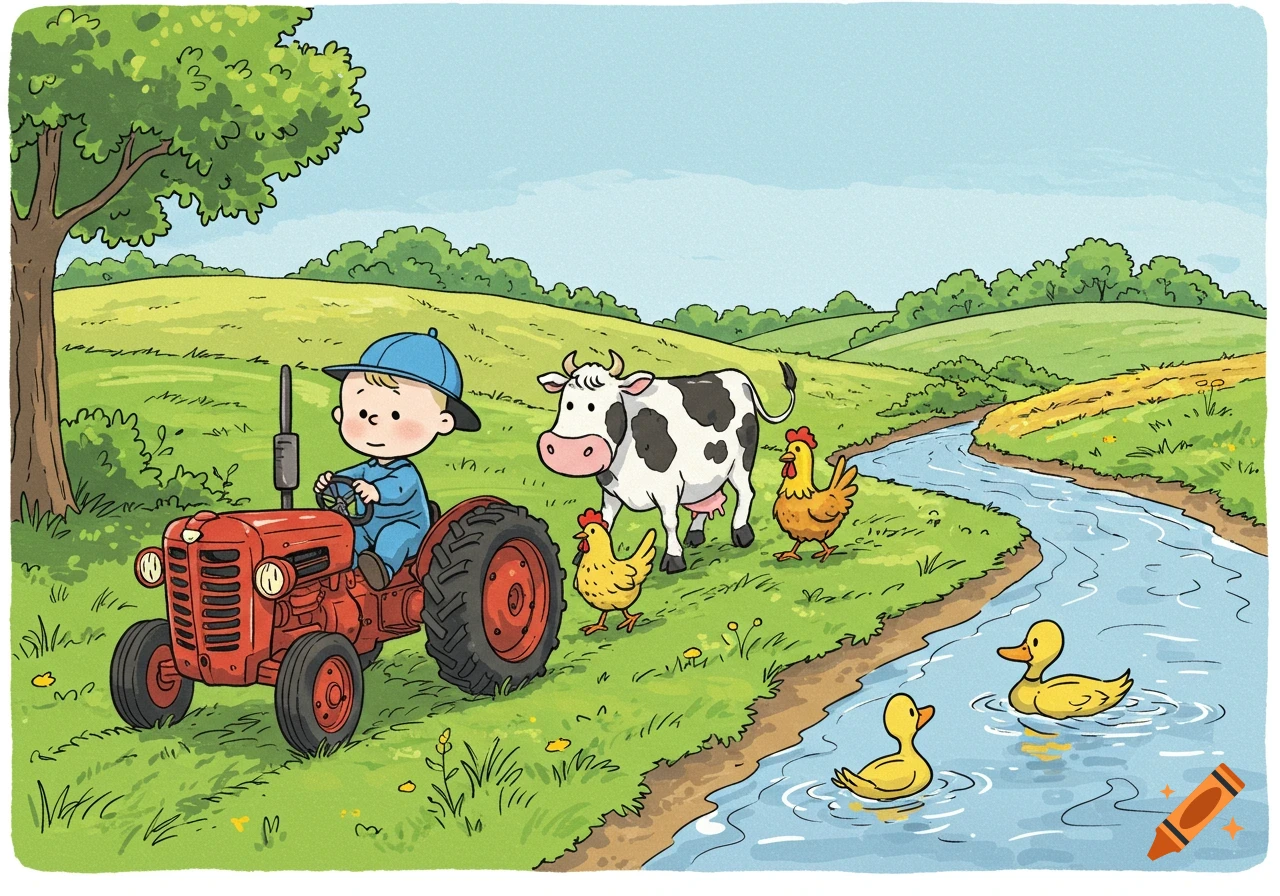 A cartoon baby drives a red tractor past a cow, chickens, and ducks swimming in a river in a green countryside.