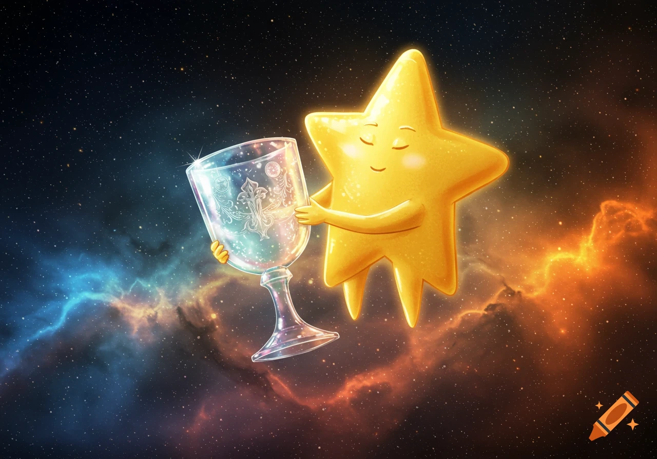 A happy golden cartoon star with closed eyes hugs a shimmering, ornate glass goblet against a cosmic background of nebulae and stars.