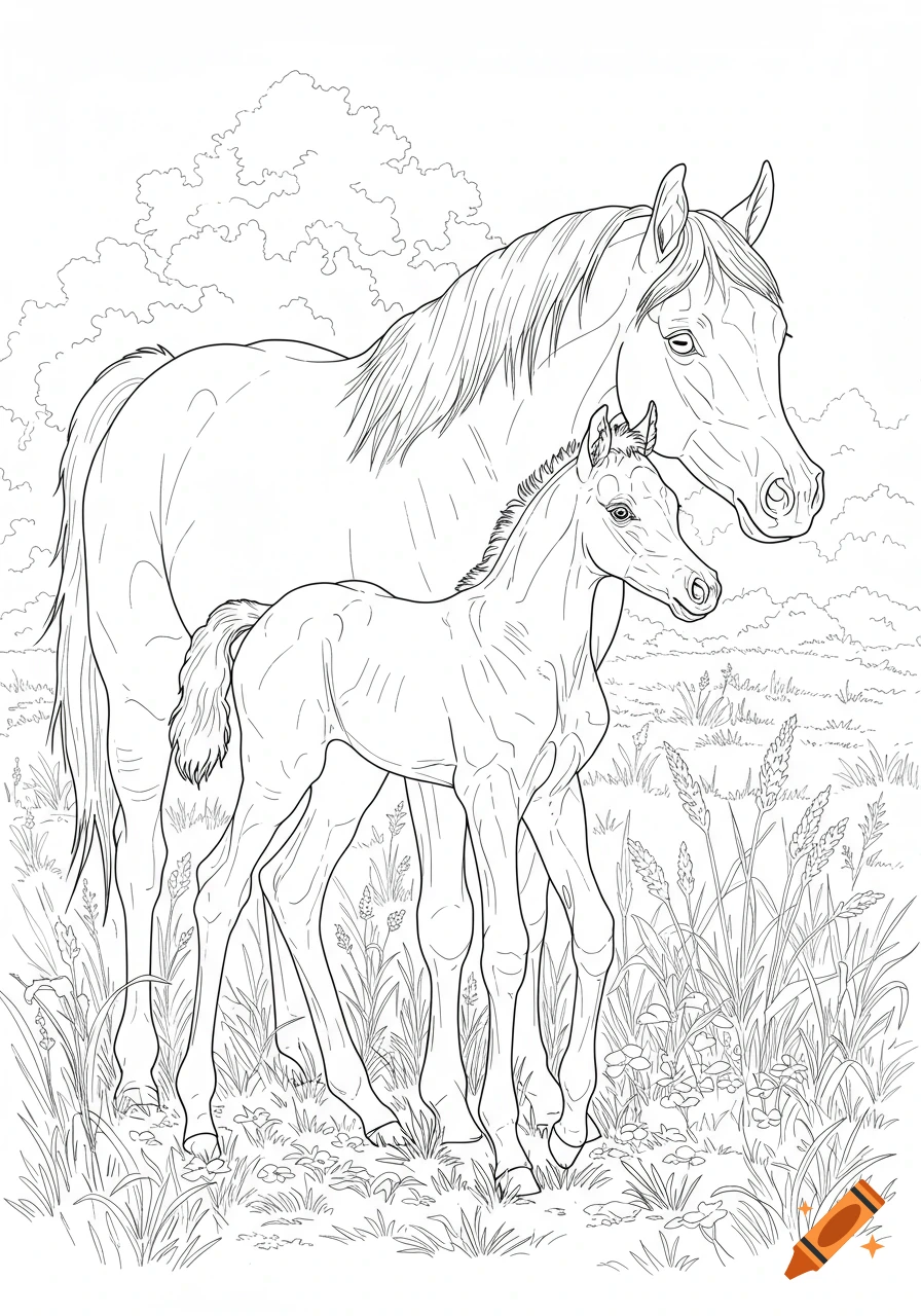 Black and white line art of an Arabian mare and her newborn foal in a grassy meadow, ready for coloring.