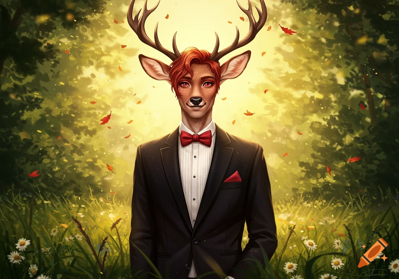 A deer-headed man in a tuxedo with red hair and antlers stands in a sunny forest with falling autumn leaves, digital art.
