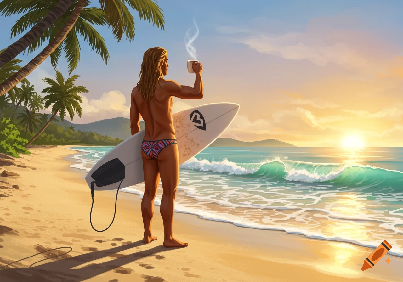 An artistic illustration of a surfer in a thong holding a surfboard, drinking coffee at sunrise on a tropical beach.