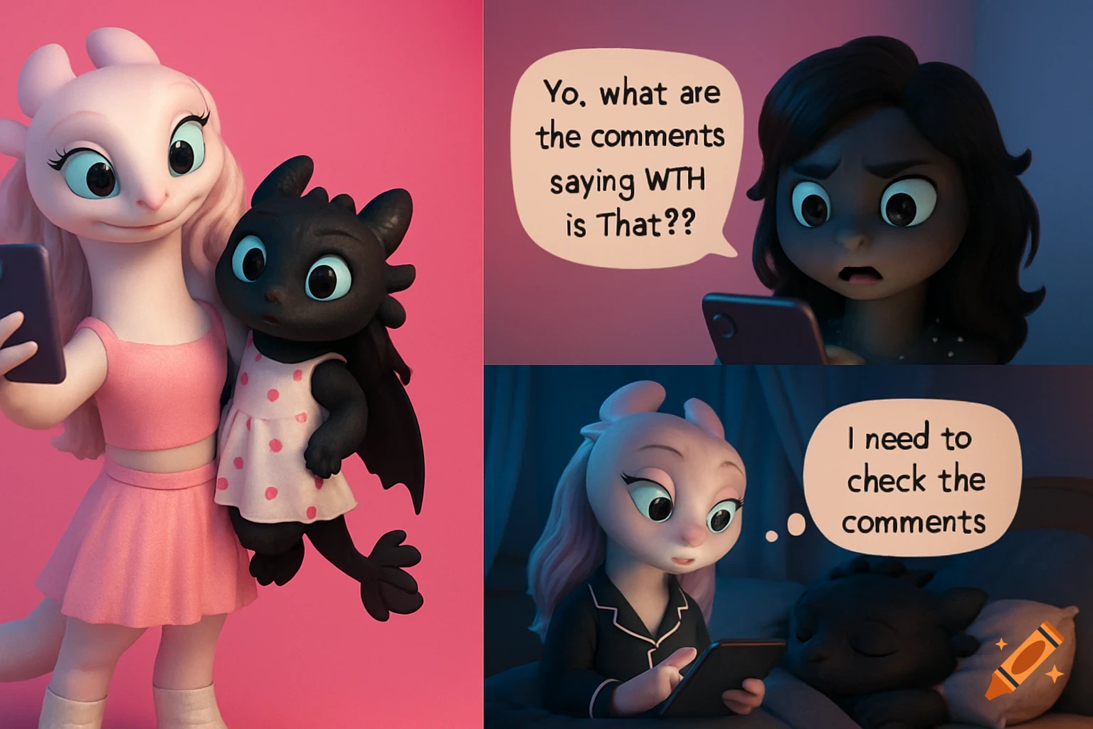 A three-panel comic. First panel: Light Fury and Night Fury taking a selfie. Second panel: A human girl shocked, saying "Yo. what are the comments saying WTH is That??". Third panel: Light Fury in pajamas, looking at a tablet, saying "I need to check the comments".