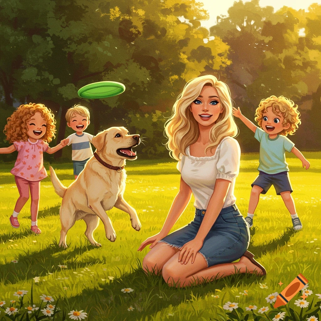 Blonde woman, two kids, and a Labrador dog playing with a green frisbee in a sunny park, illustrated style.