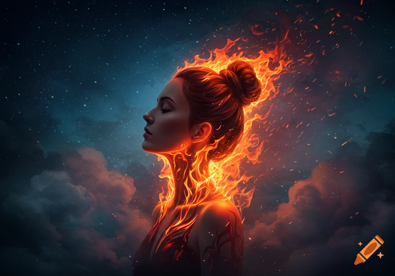 Surreal profile portrait of a woman with her hair and upper body engulfed in vibrant flames against a starry night sky.