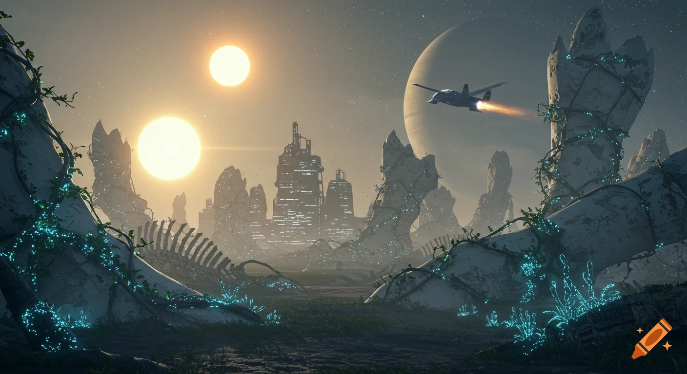 A futuristic alien landscape with two suns, an abandoned city, glowing plants, and a spaceship descending over the horizon.