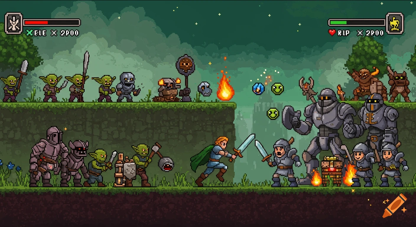 Pixel art fantasy game scene with a hero fighting goblins, armored warriors, and monsters across two levels, with UI elements.