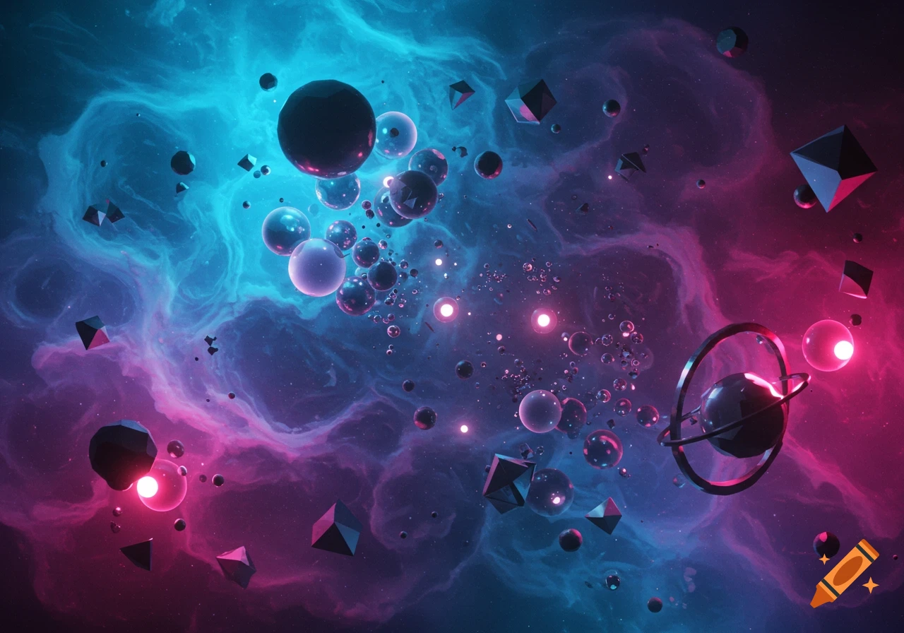 An abstract cosmic scene with glowing pink and blue nebulae, floating spheres, and geometric polyhedral shapes, with one sphere encircled by rings.