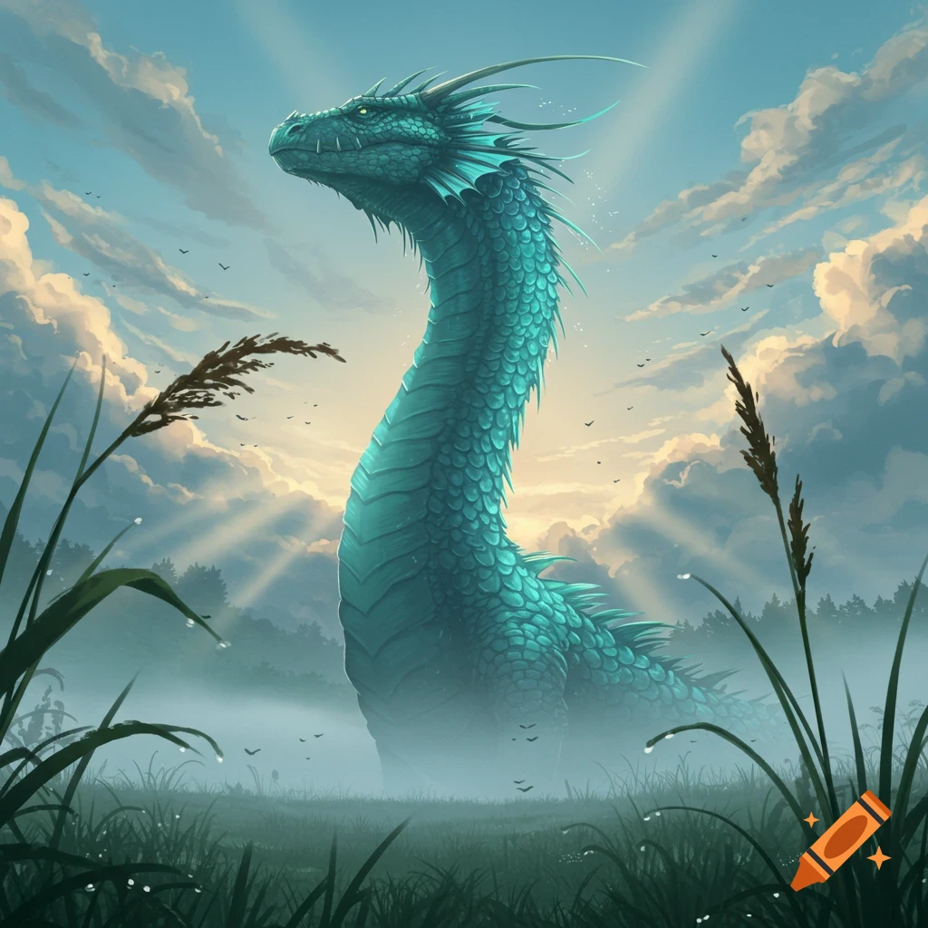 A majestic, tall, scaly teal creature with a long neck stands in a misty field with tall grass under a bright, cloudy sky with sun rays.