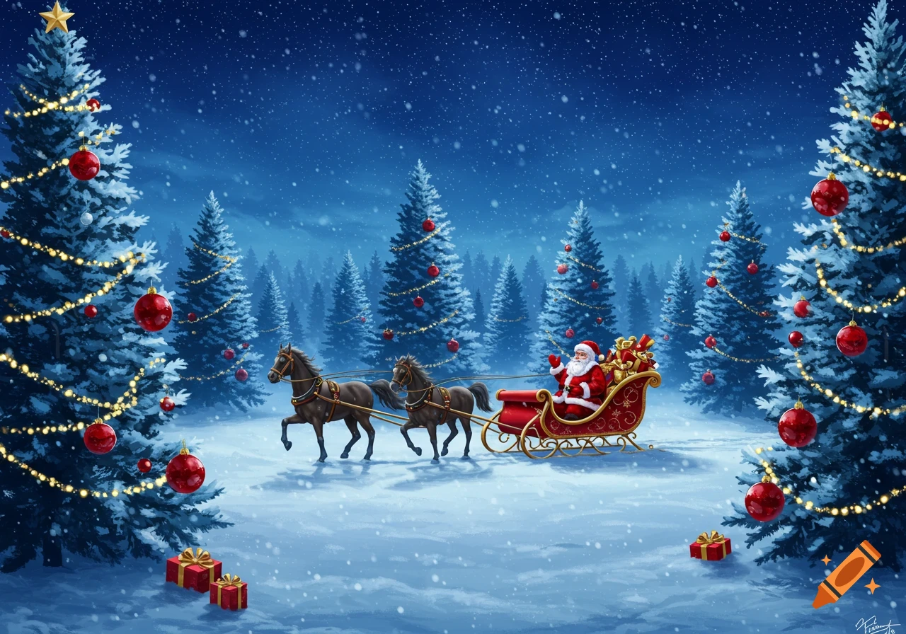 Illustrated festive scene of Santa in a red sleigh pulled by two horses through a snowy forest with decorated Christmas trees under a starry blue night sky.