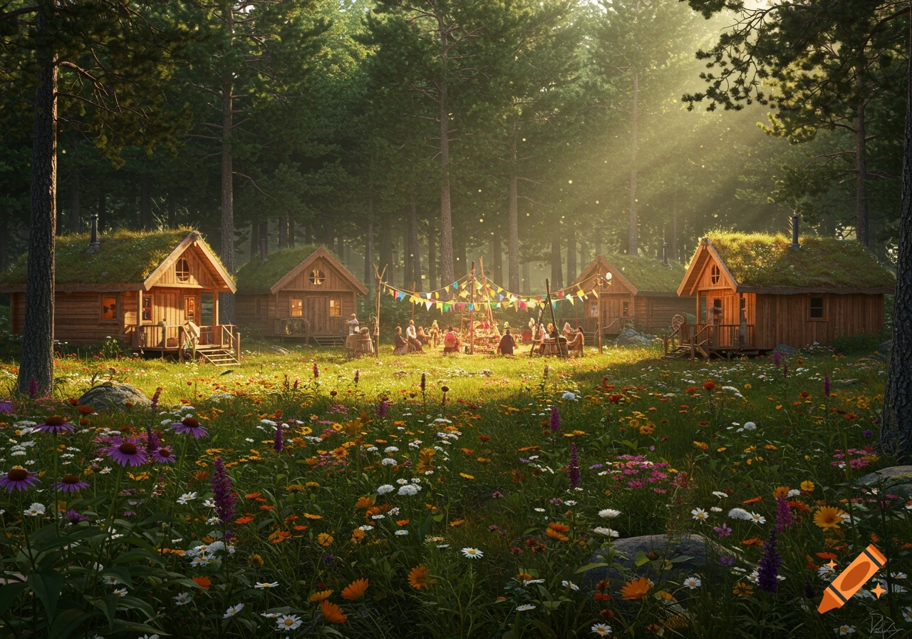 A photorealistic scene of a tiny house community in a sunlit forest clearing, with people gathered for a festival amidst a field of colorful wildflowers.