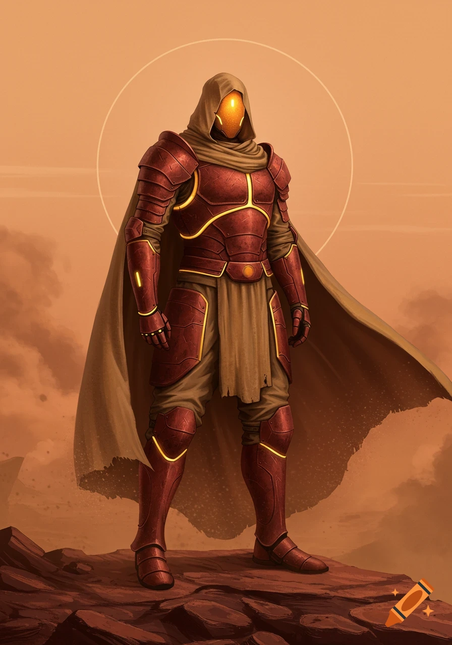 A hooded figure in reddish-brown armor with glowing accents stands on a rocky Martian landscape under an orange sky.