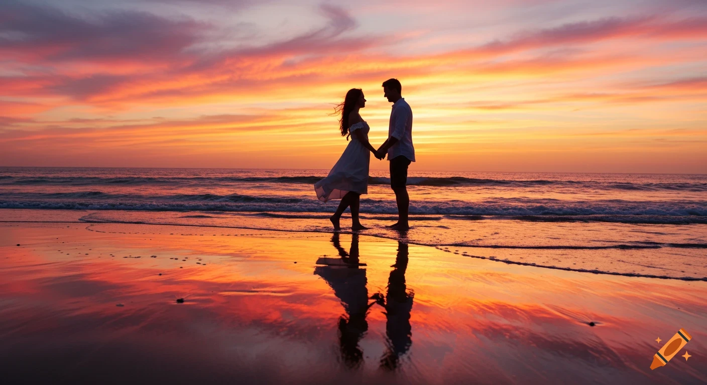 A photorealistic image of a couple holding hands on a wet beach during a vibrant sunset, with reflections in the sand.