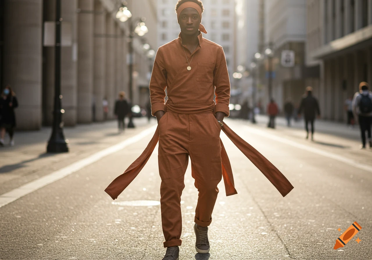 A man in a terracotta jumpsuit with long wraps walks down an urban street at sunset, hands in pockets.