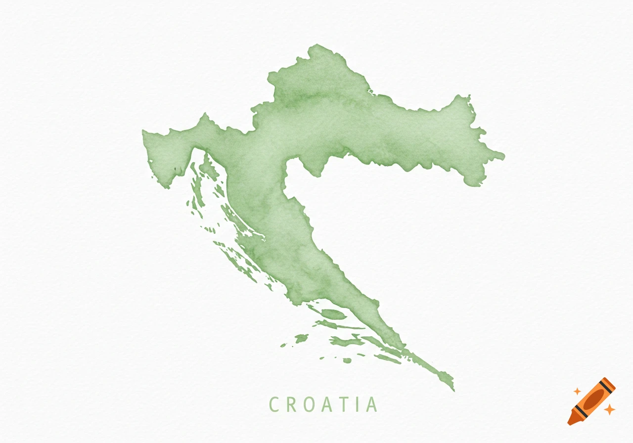 Light green watercolor map of Croatia with "CROATIA" below, on a white background.