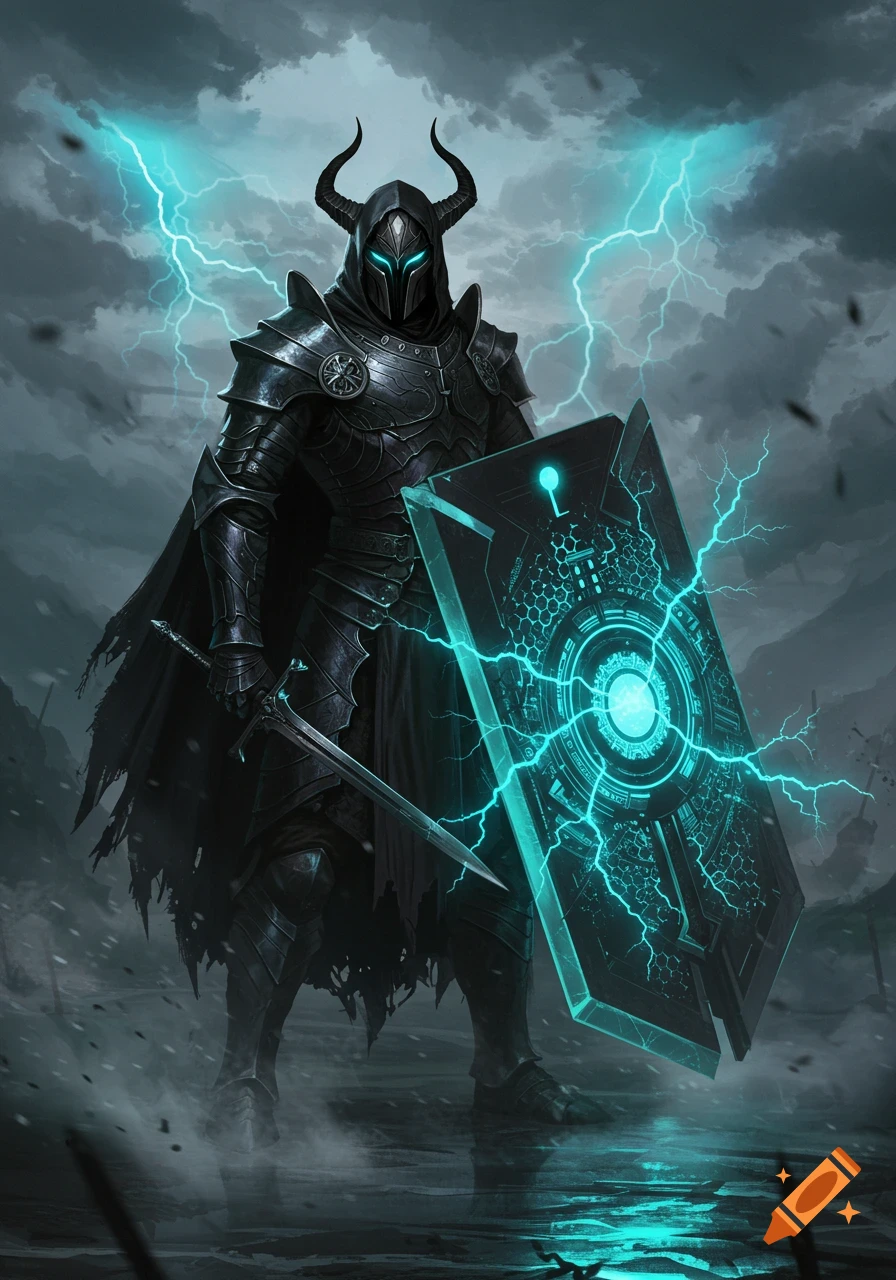 A dark fantasy warrior in horned armor holding a glowing teal energy sword and a futuristic hexagonal shield amidst lightning in a stormy landscape.