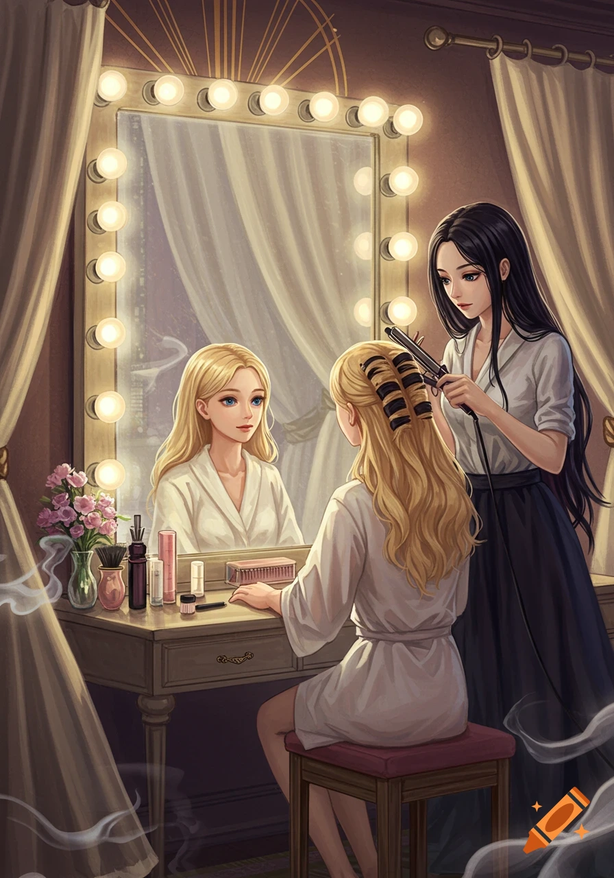 An anime-style illustration of a blonde girl in a bathrobe sitting at a vanity, looking in a mirror while a dark-haired girl curls her hair.