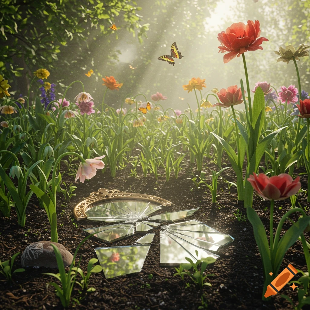 A lush, sunny garden with vibrant flowers, floating butterflies, and a shattered ornate mirror resting on the dark soil.