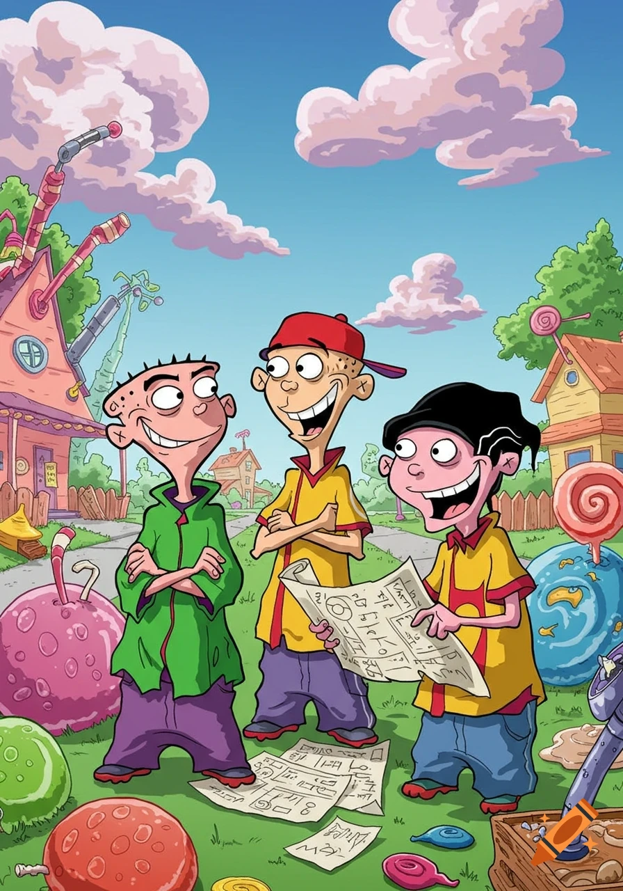 Cartoon of Ed, Edd n Eddy in a suburban neighborhood with strange contraptions, looking at blueprints.