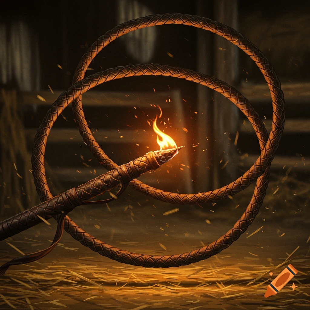 A braided leather bullwhip, coiled, with a bright flame at its tip, against a dark rustic background.