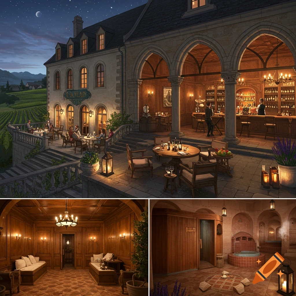Elegant hotel exterior at night with vineyard, restaurant patio, bar, lounge, and spa.