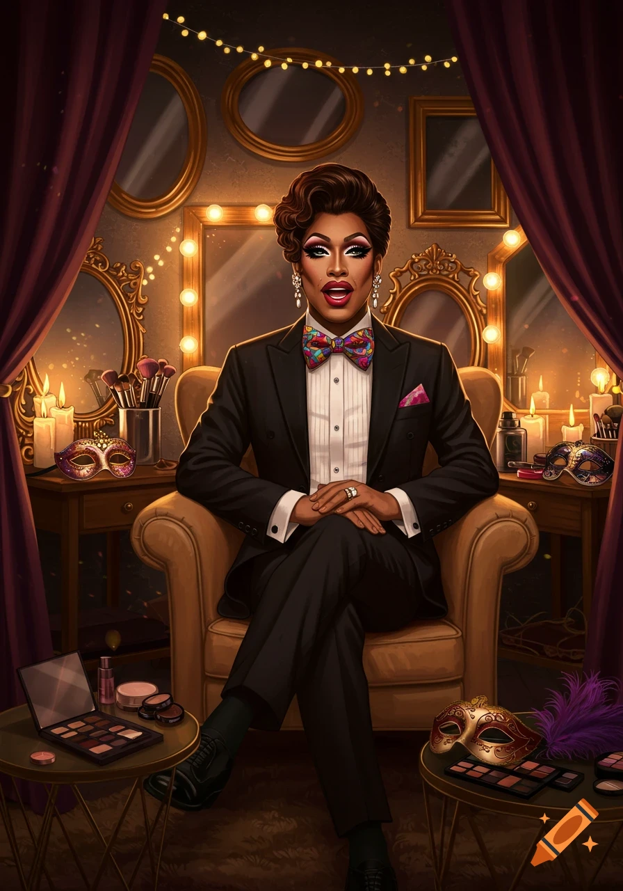 A drag performer in a tuxedo and heavy makeup sits in a lavish dressing room with mirrors and lights.