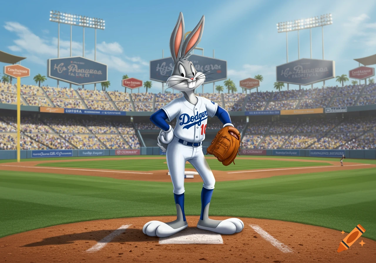 Bugs Bunny in a white and blue Dodgers baseball uniform stands on a pitcher's mound in a crowded baseball stadium.