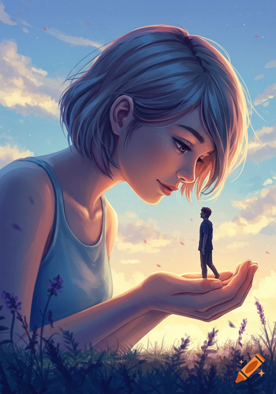 Digital illustration of a giant woman lovingly holding a tiny man in her palm against a sunset sky with lavender flowers.